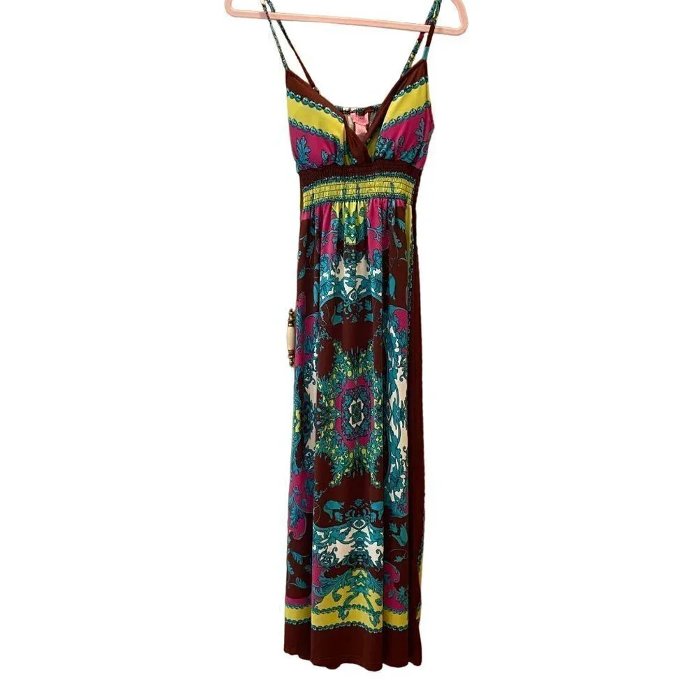 SHE'S COOL Women's Maxi Dress, Size M, Boho, Colors Brown/Pink/Aqua/Lime Green/W - Picture 2 of 8